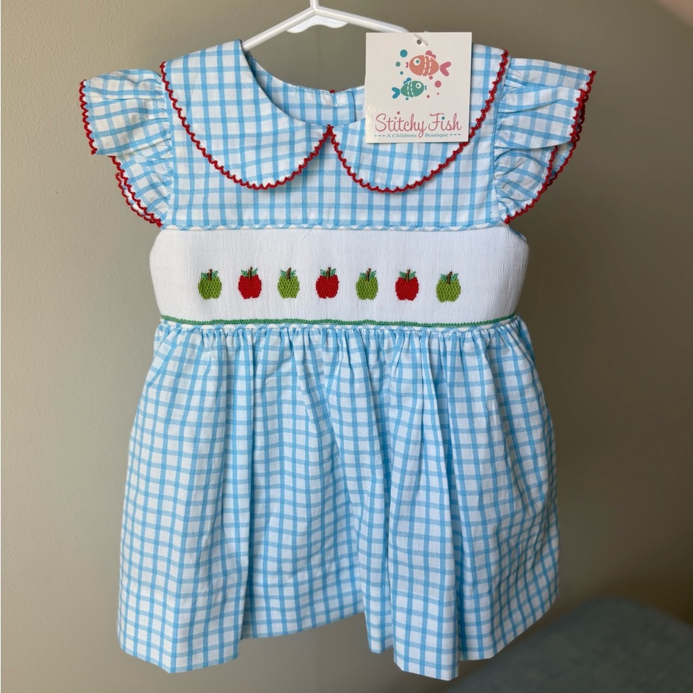 NEW Stitchy Fish Smocked Dress: Blue Gingham Baby Dress with Apple Embroidery
